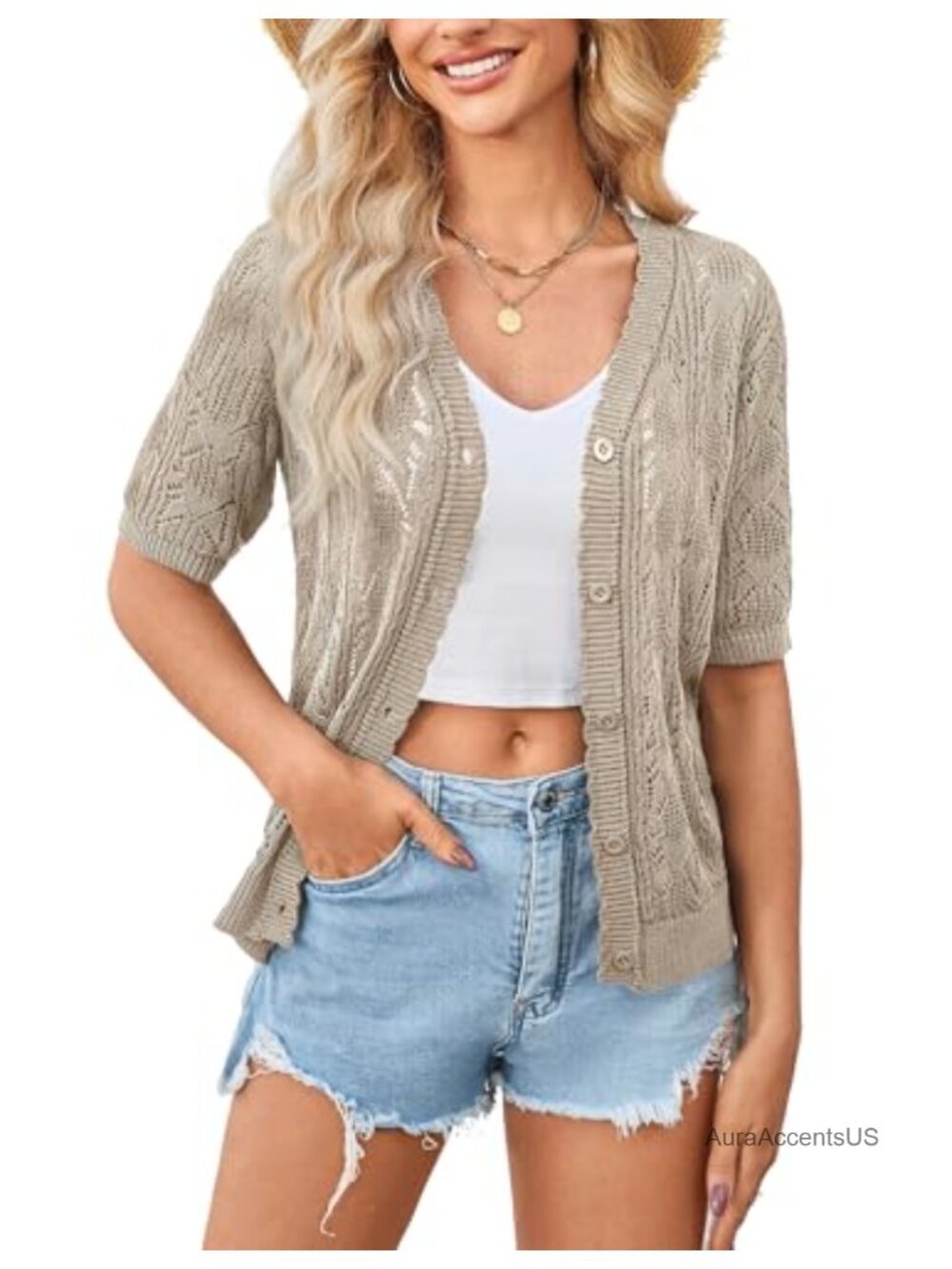 Women's Crochet Short Sleeve Cardigan Lightweight Shrug V-Neck